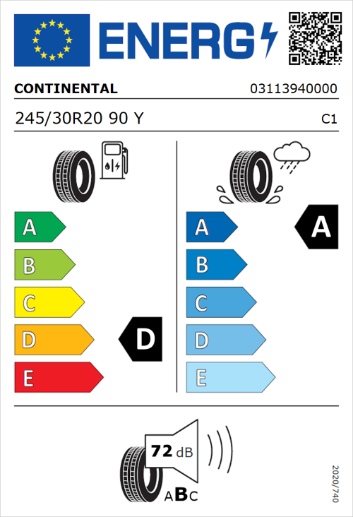 Tyre Label for Continental SportContact 7 245/30R20 90Y