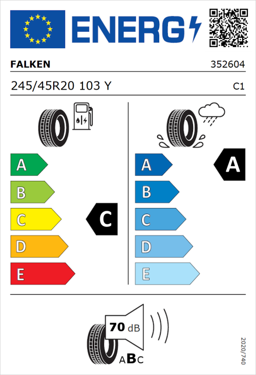 Tyre Label for Falken Azenis FK520 245/45R20 103Y