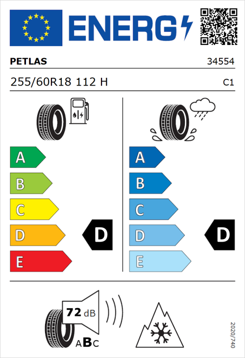 Tyre Label for Petlas Explero PT421 A/T 255/60R18 112H