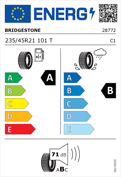 Tyre Label for Bridgestone Turanza Eco 235/45R21 101T