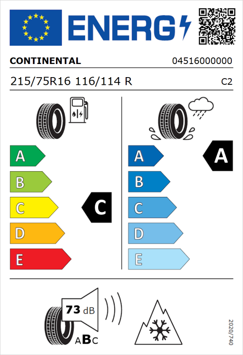 Tyre Label for Continental VanContact 4Season 215/75R16 116/114R
