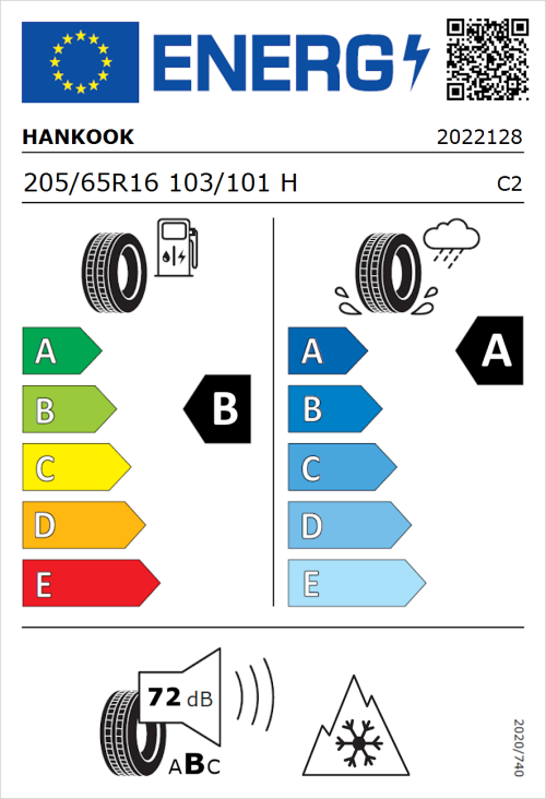 Tyre Label for Hankook Vantra Transit (RA58) 205/65R16 103/101H