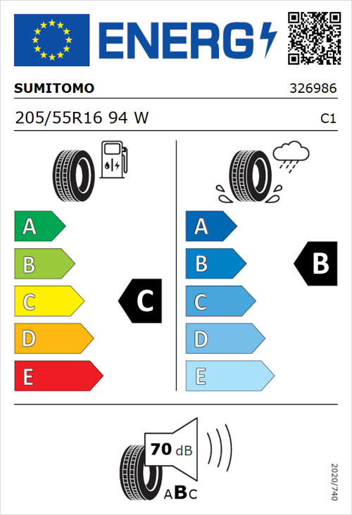Tyre Label for Sumitomo BC100 205/55R16 94W